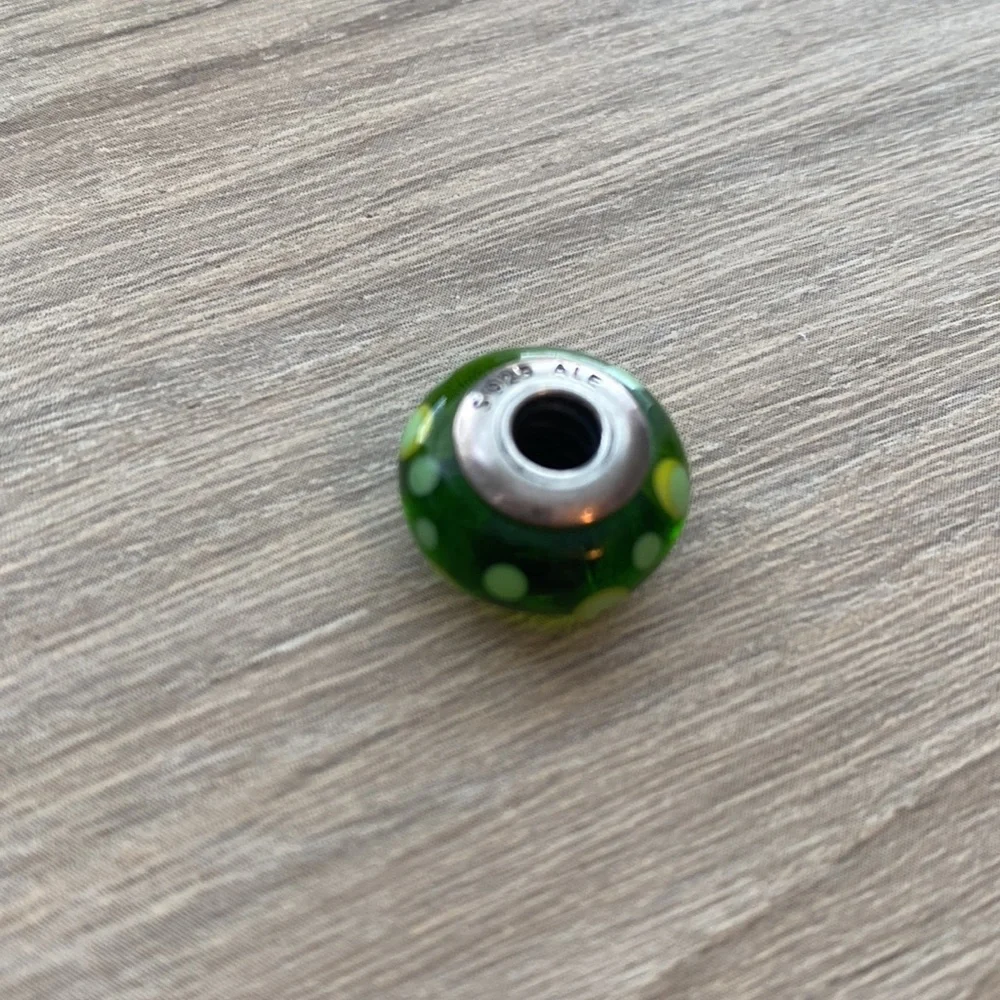 Authentic Pandora Murano Dark Green With Light Green Polka Dots Bead/Charm - Picture 2 of 3